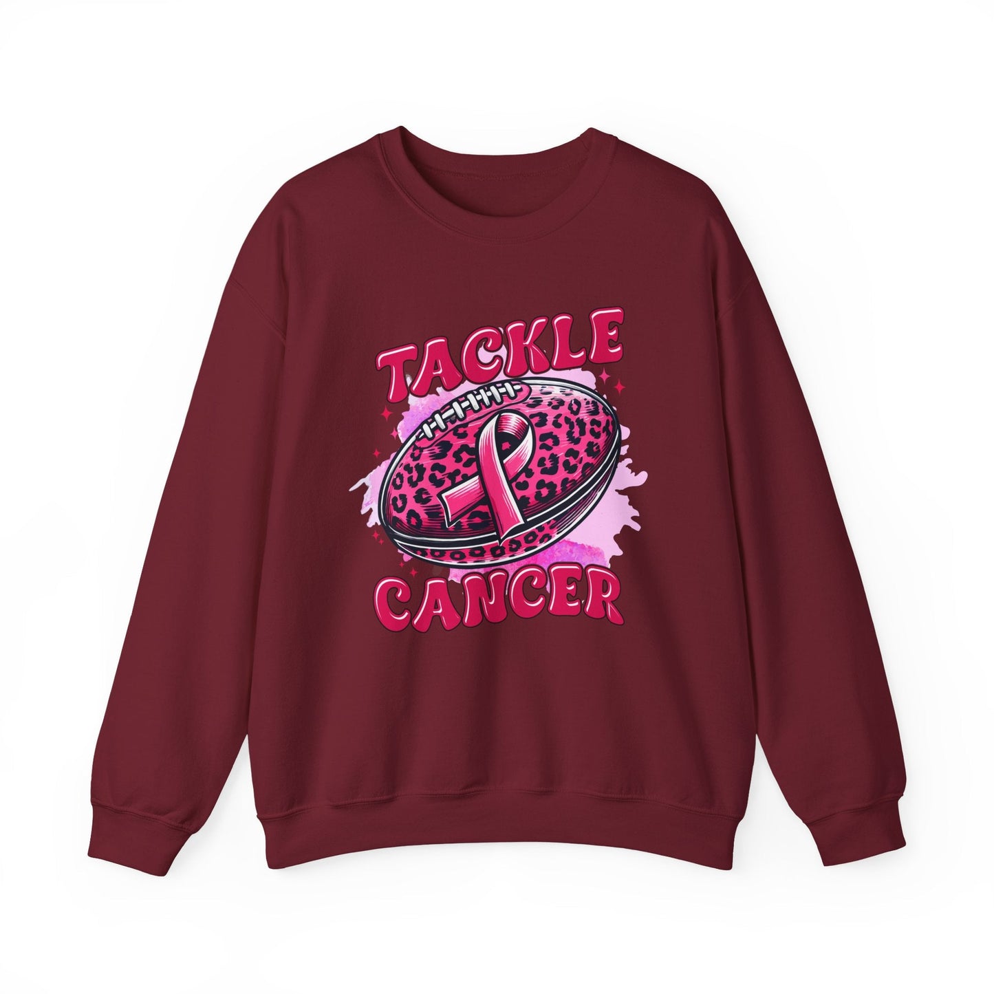 Breast Cancer Awareness Crewneck Sweatshirt | Tackle Cancer Apparel, Football Fan Wear, Pink Ribbon - Shirt Happens Graphics