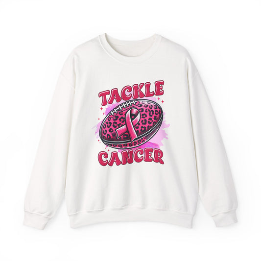Breast Cancer Awareness Crewneck Sweatshirt | Tackle Cancer Apparel, Football Fan Wear, Pink Ribbon - Shirt Happens Graphics