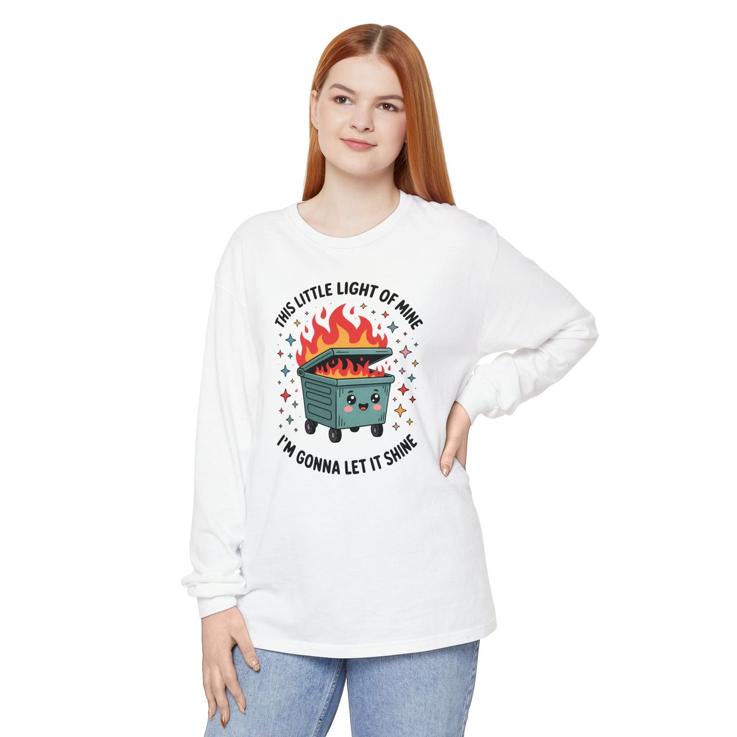 Cute Dumpster Fire Long Sleeve T-Shirt, Graphic Tee for Fun, Quirky Gift, Casual Outfit, Perfect for Summer, Lighthearted Apparel - Shirt Happens Graphics