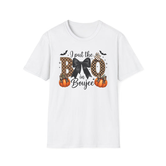 Fall - Themed Unisex Softstyle T-Shirt - 'I Put the BOO in Boujee', Halloween Shirt, Cute Autumn Apparel, Halloween Party Outfit, Gift for Her - Shirt Happens Graphics