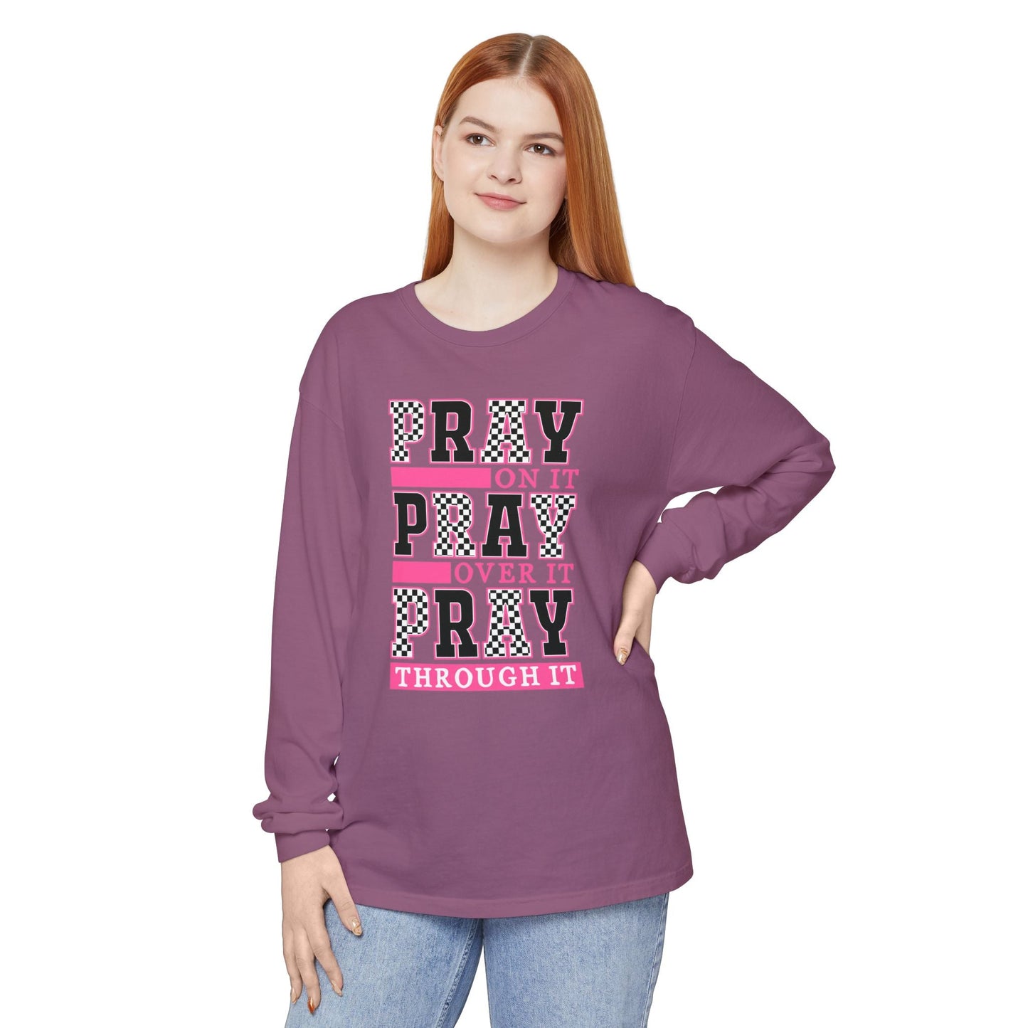 Pray Themed Long Sleeve T-Shirt, Spiritual Apparel, Prayer Shirt, Faith - Based Gift, Comfort Wear, Mindfulness Clothing - Shirt Happens Graphics