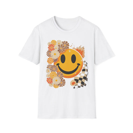 Retro Floral Smiley T-Shirt | Unisex Graphic Tee for Casual Wear, Gift for Friends, Summer Vibes, Self - Care, Birthday Present - Shirt Happens Graphics