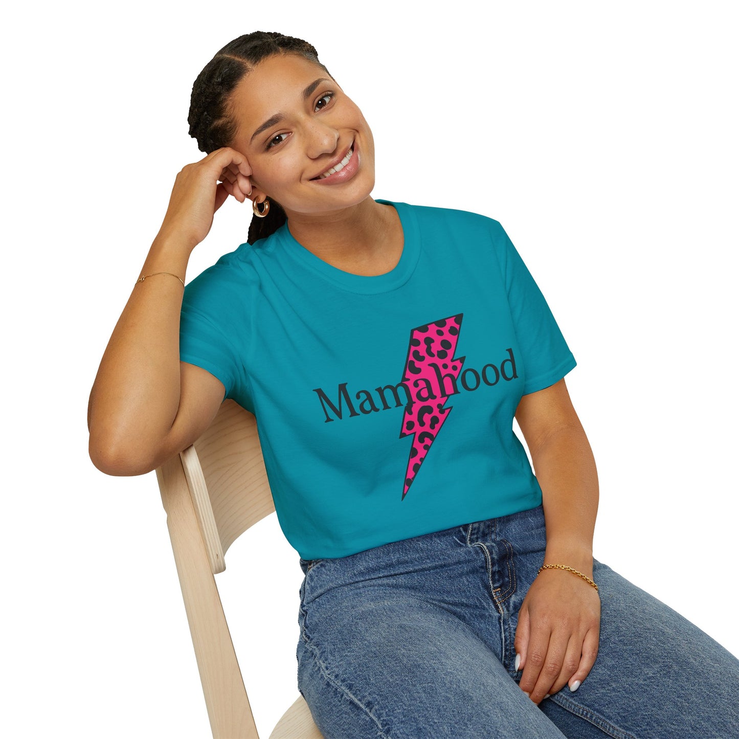 Mamahood Softstyle T-Shirt - Trendy Tee with Pink Lightning and Leopard Print