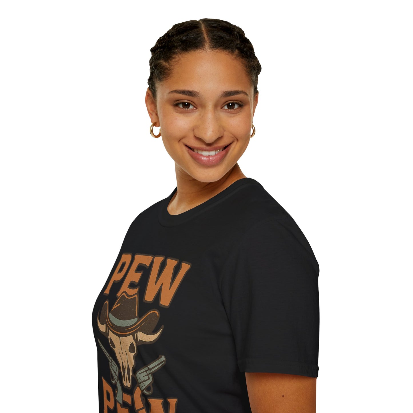 Pew Pew Cowboy Graphic T-Shirt - Unisex Softstyle Tee for Western Lovers