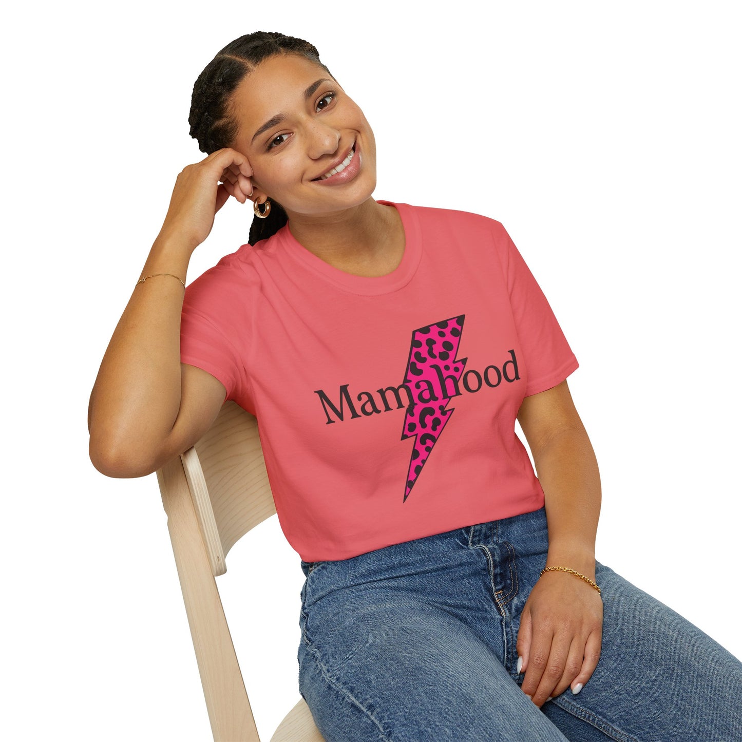 Mamahood Softstyle T-Shirt - Trendy Tee with Pink Lightning and Leopard Print