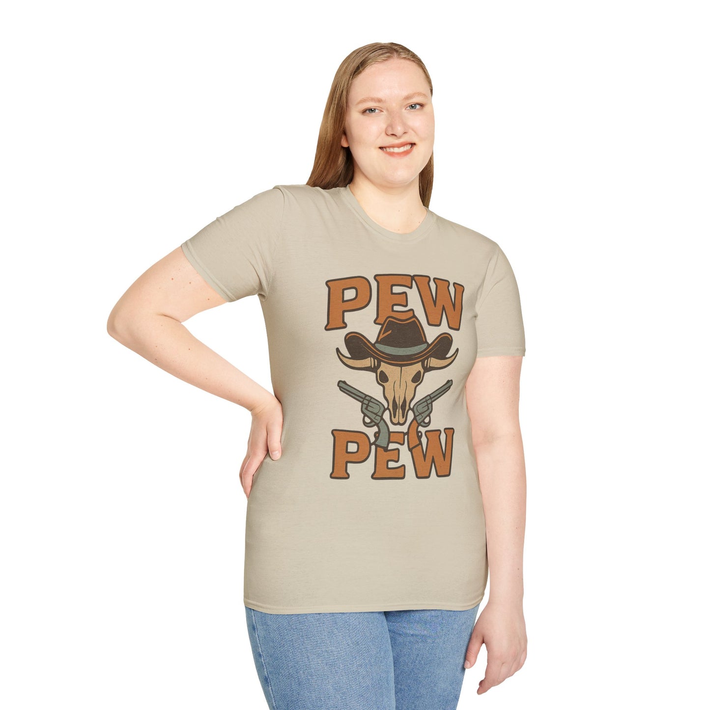 Pew Pew Cowboy Graphic T-Shirt - Unisex Softstyle Tee for Western Lovers