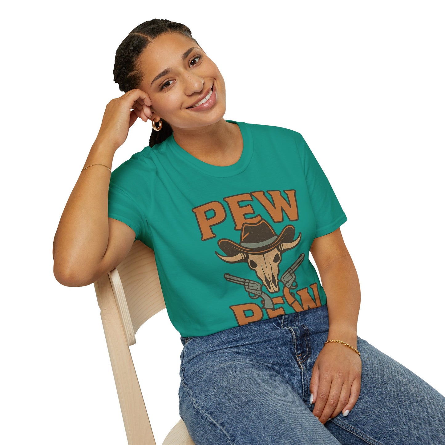 Pew Pew Cowboy Graphic T-Shirt - Unisex Softstyle Tee for Western Lovers