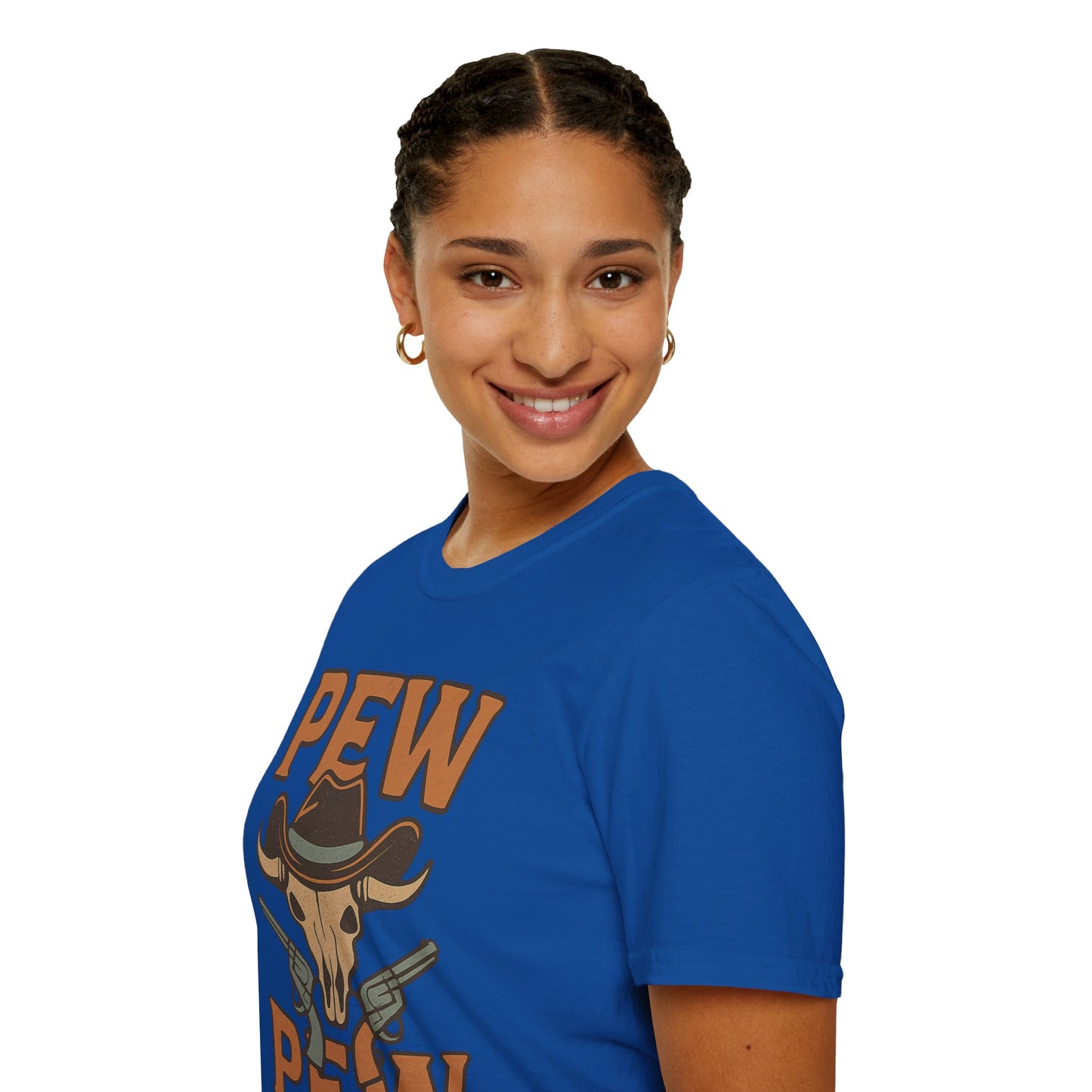 Pew Pew Cowboy Graphic T-Shirt - Unisex Softstyle Tee for Western Lovers