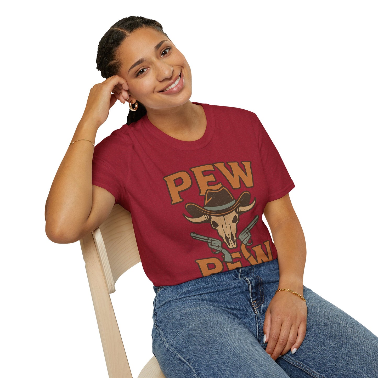 Pew Pew Cowboy Graphic T-Shirt - Unisex Softstyle Tee for Western Lovers