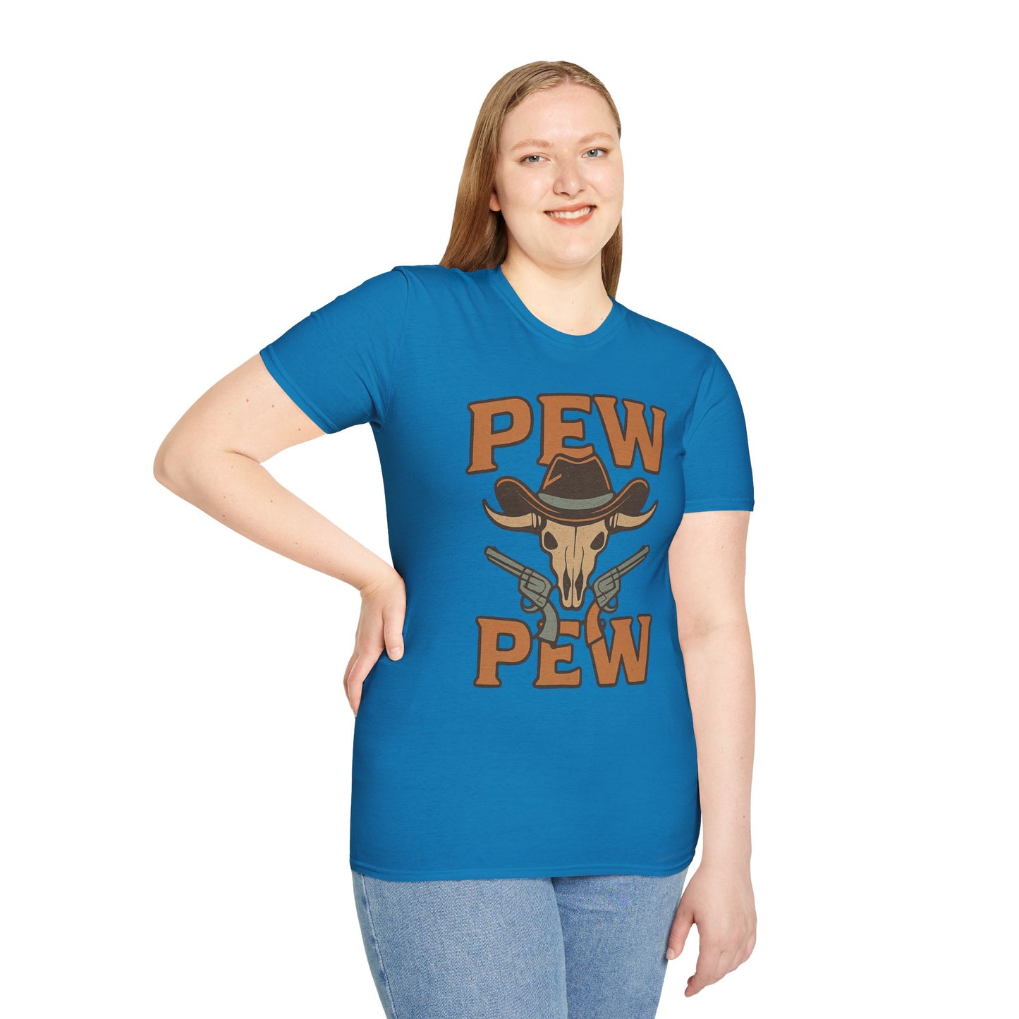Pew Pew Cowboy Graphic T-Shirt - Unisex Softstyle Tee for Western Lovers