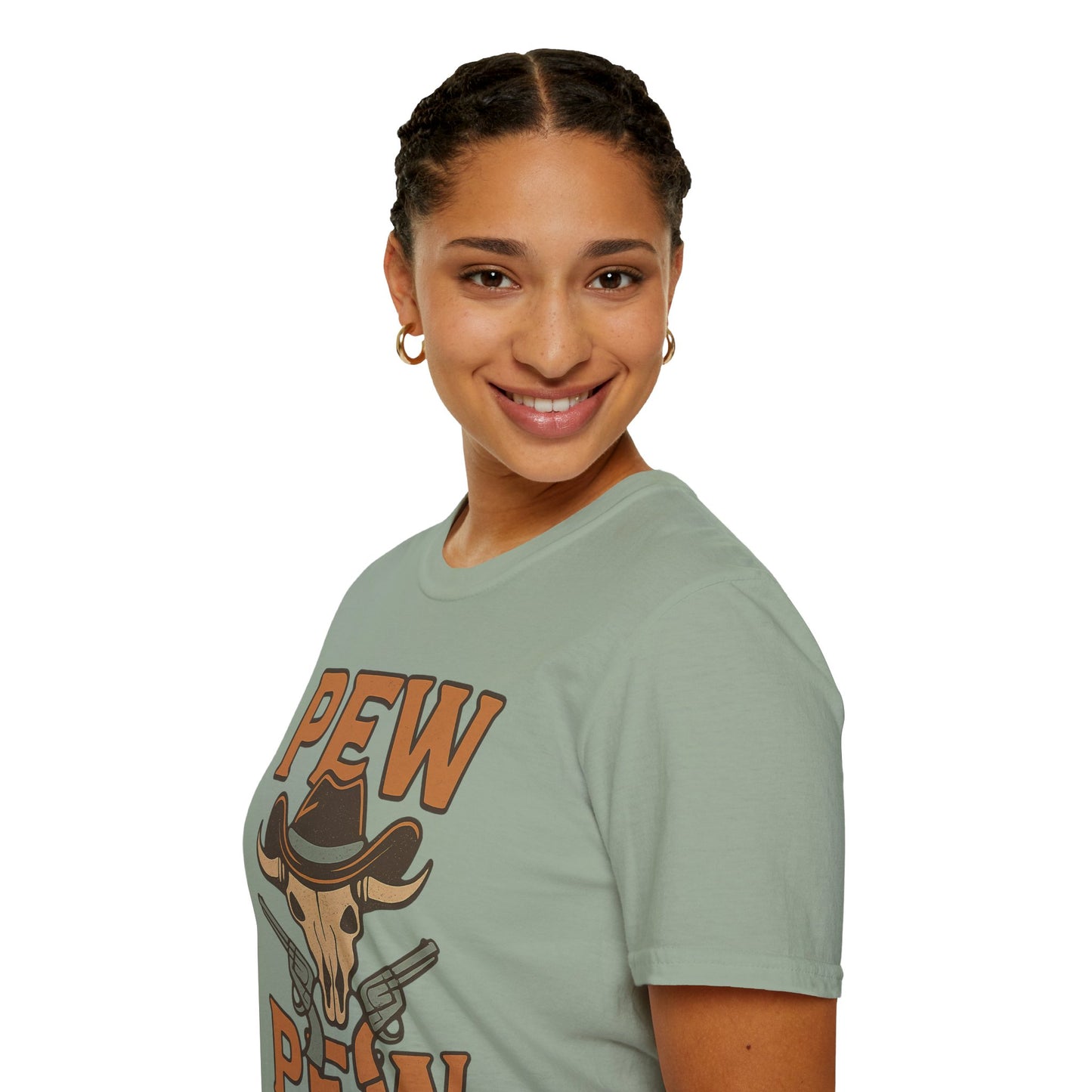 Pew Pew Cowboy Graphic T-Shirt - Unisex Softstyle Tee for Western Lovers