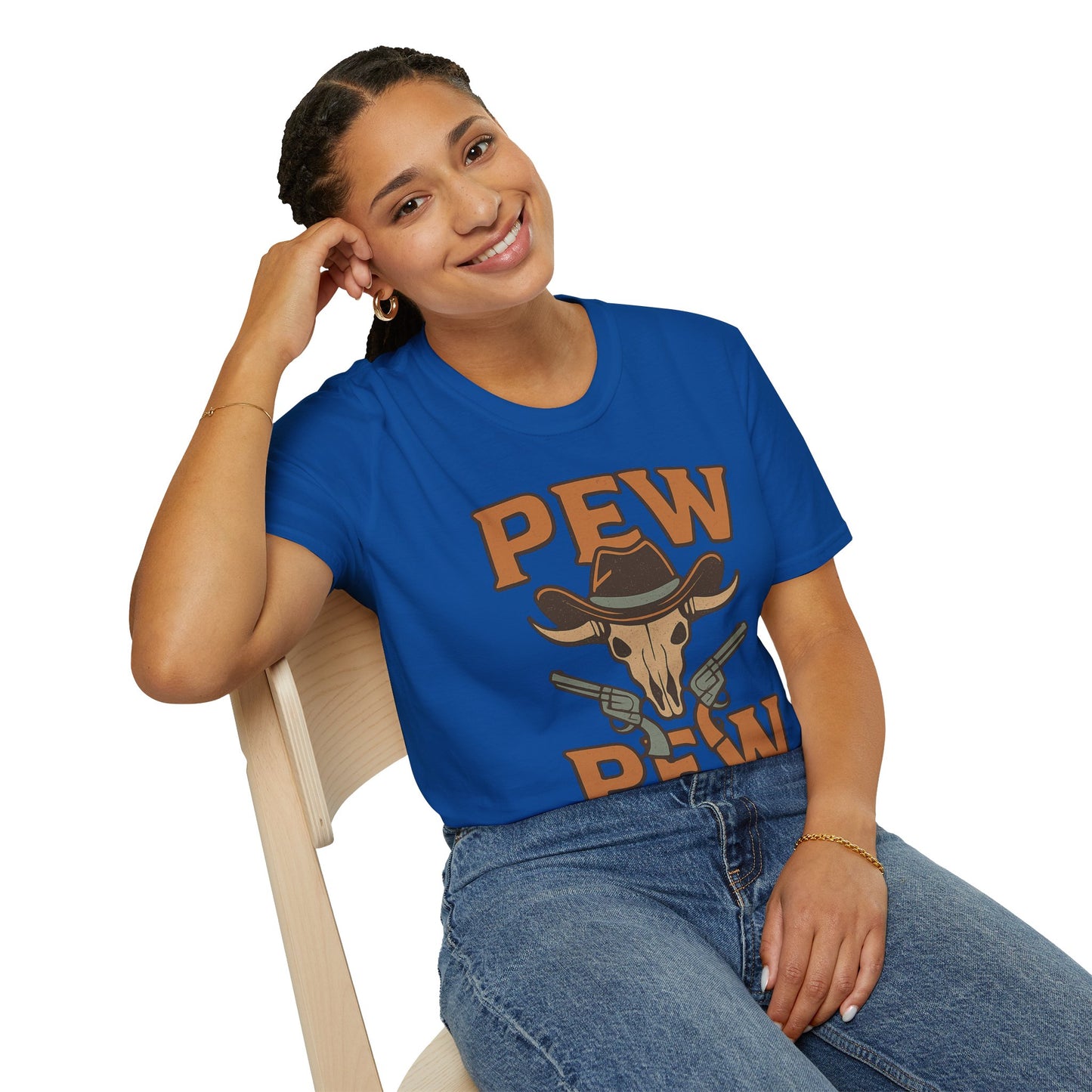 Pew Pew Cowboy Graphic T-Shirt - Unisex Softstyle Tee for Western Lovers