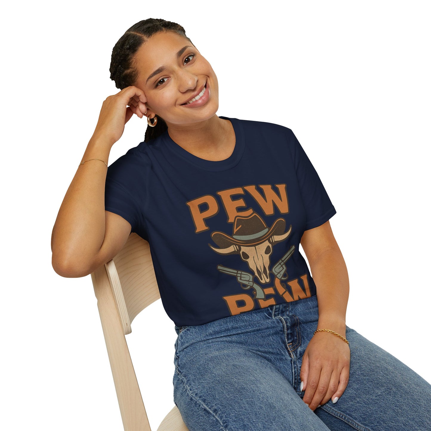 Pew Pew Cowboy Graphic T-Shirt - Unisex Softstyle Tee for Western Lovers