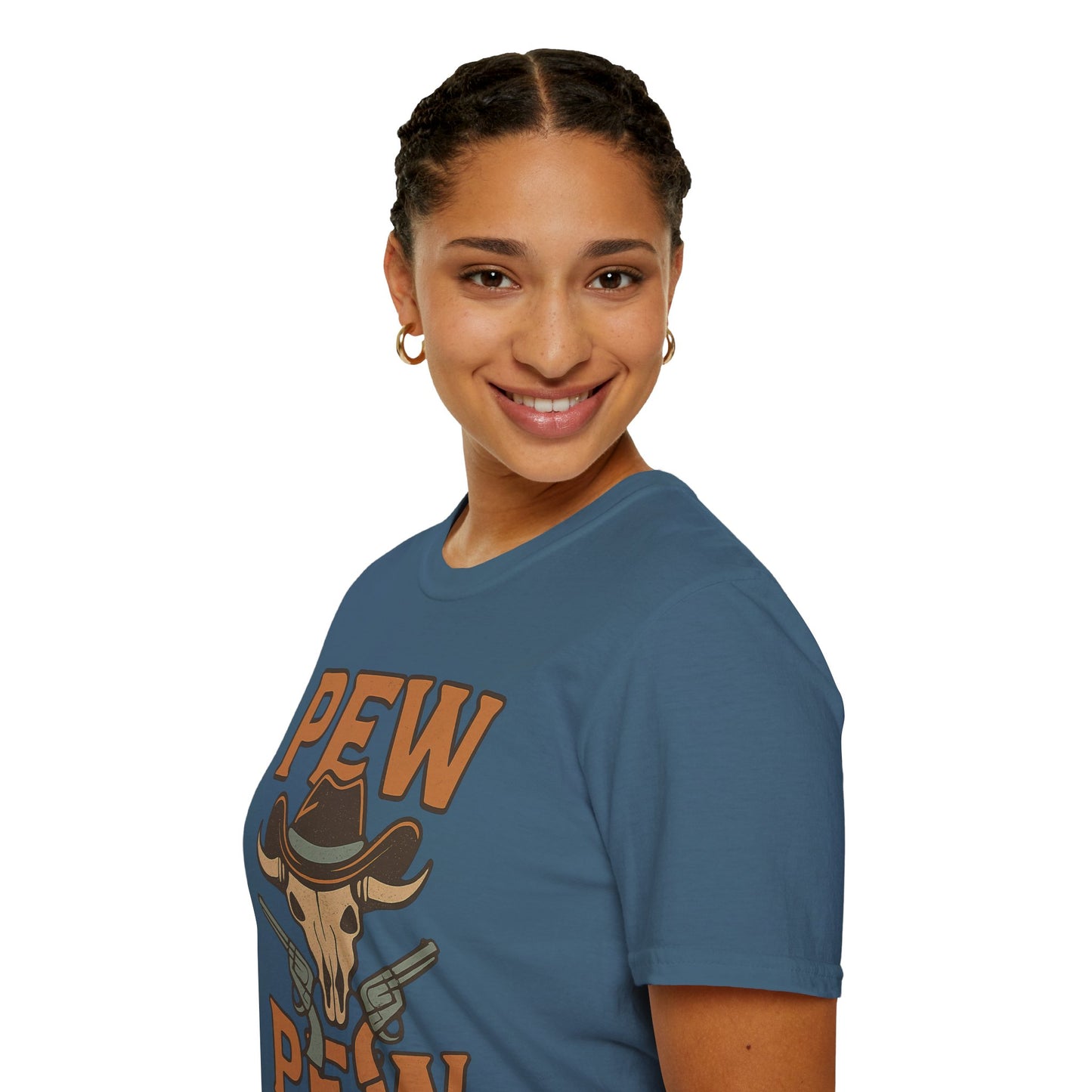 Pew Pew Cowboy Graphic T-Shirt - Unisex Softstyle Tee for Western Lovers