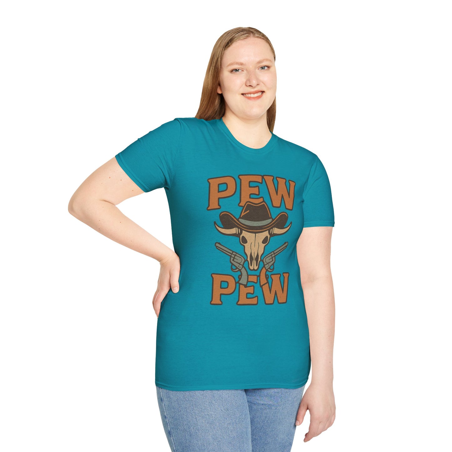 Pew Pew Cowboy Graphic T-Shirt - Unisex Softstyle Tee for Western Lovers