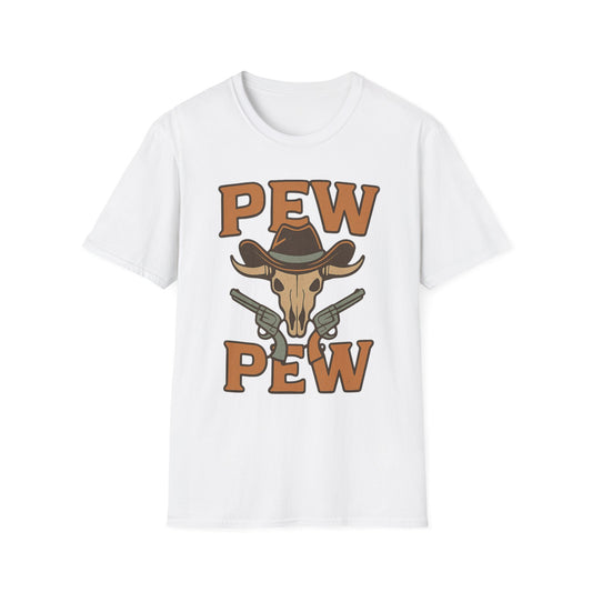 Pew Pew Cowboy Graphic T-Shirt - Unisex Softstyle Tee for Western Lovers