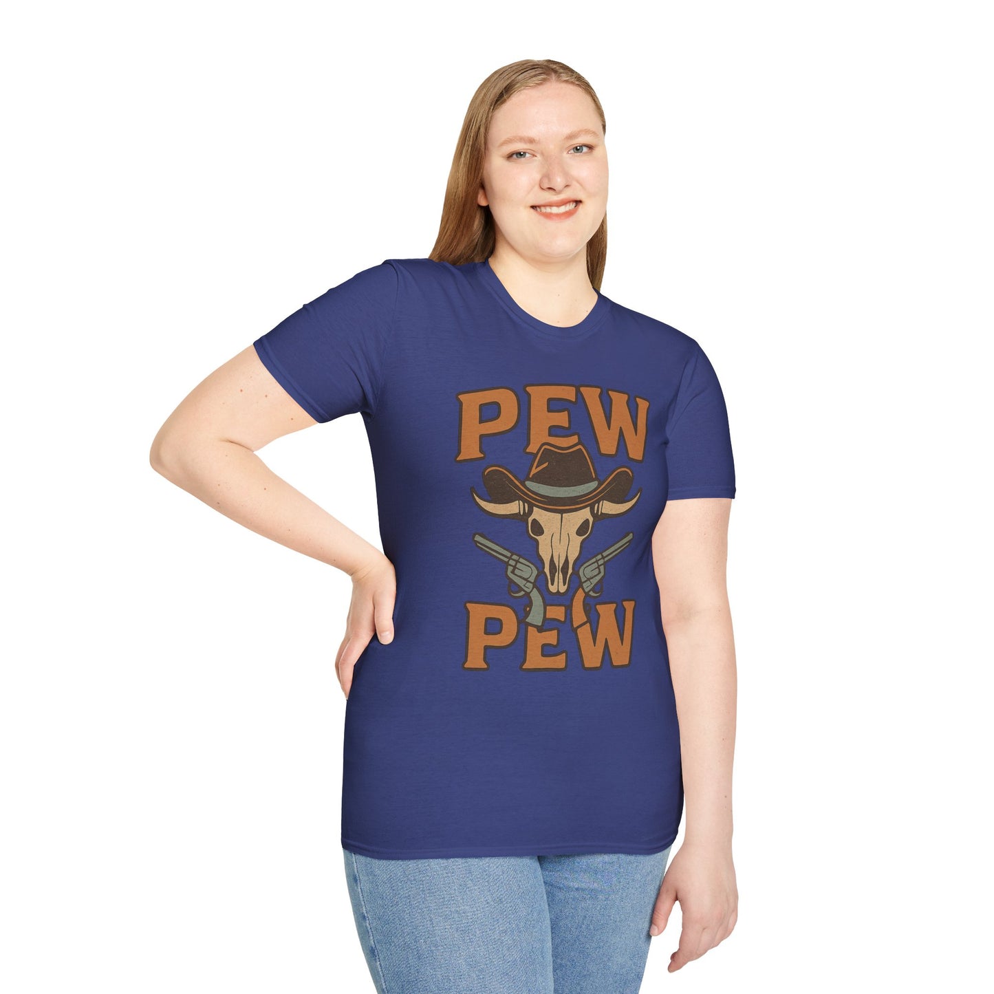 Pew Pew Cowboy Graphic T-Shirt - Unisex Softstyle Tee for Western Lovers