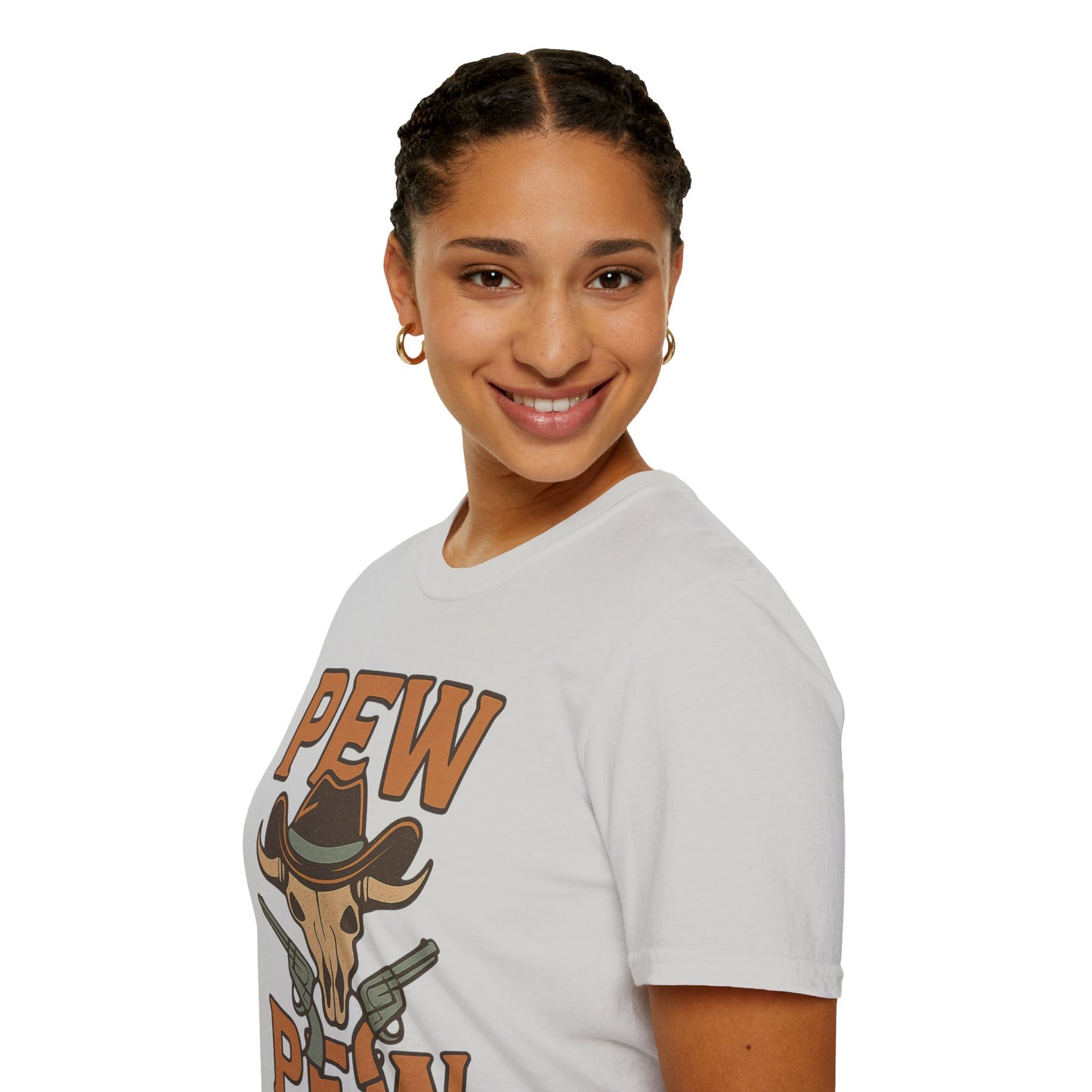 Pew Pew Cowboy Graphic T-Shirt - Unisex Softstyle Tee for Western Lovers