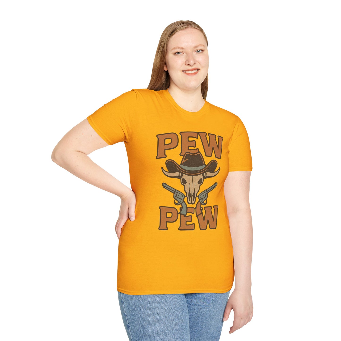 Pew Pew Cowboy Graphic T-Shirt - Unisex Softstyle Tee for Western Lovers