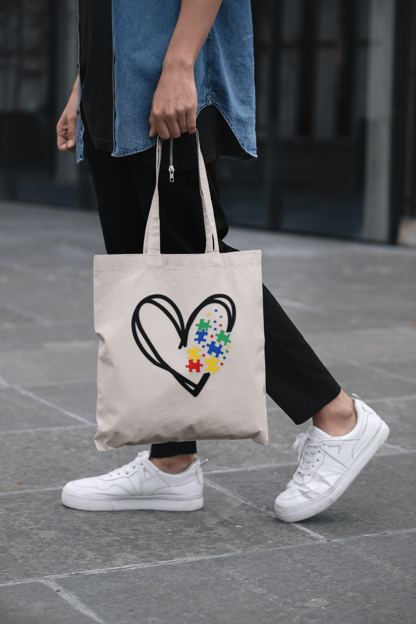 Autism Support, Heart Puzzle Love Cotton Canvas Tote Bag, Eco - Friendly Shopper, Gift for Puzzle Lovers, Cute Everyday Bag, Wedding Favor, Art Supplies Tote - Shirt Happens Graphics