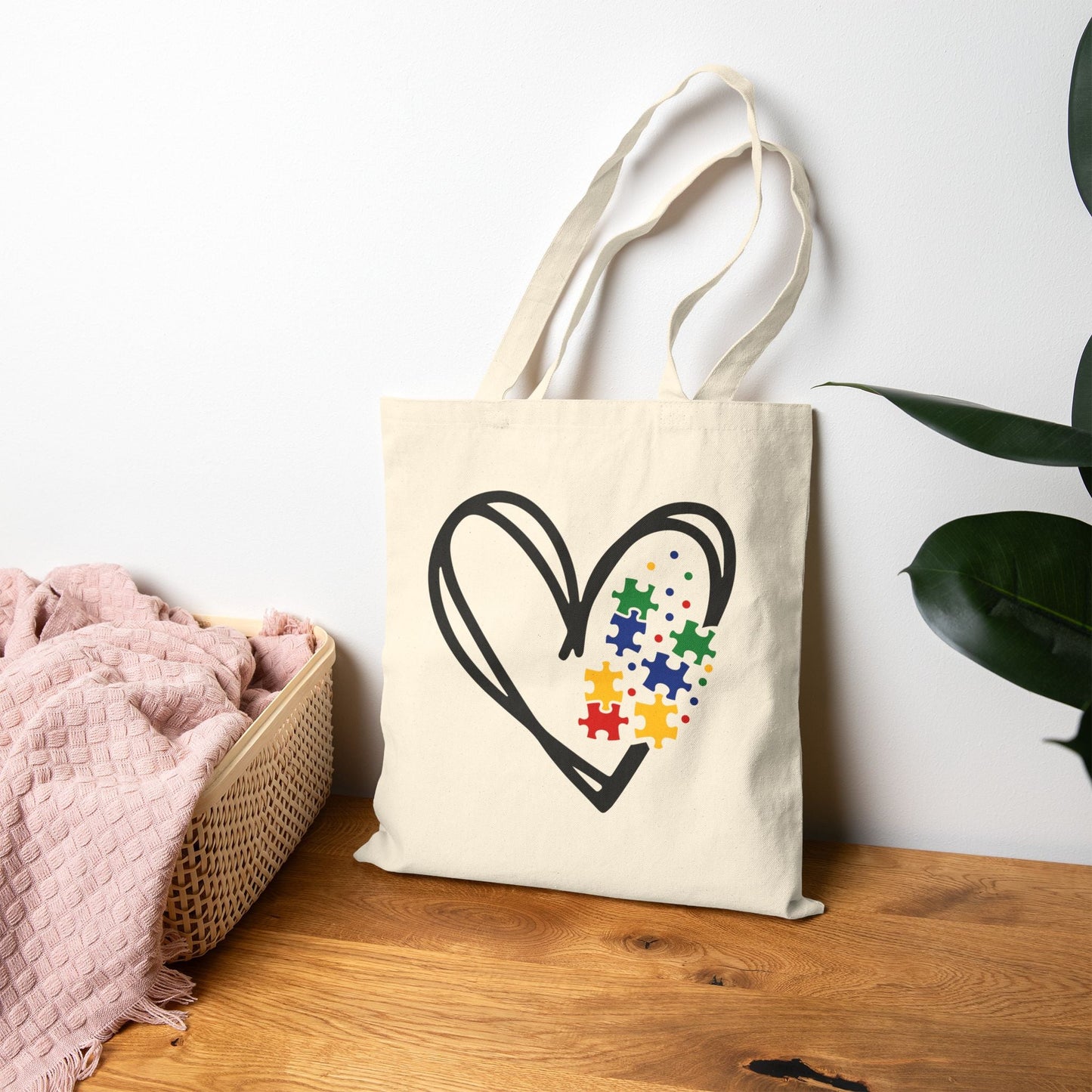 Autism Support, Heart Puzzle Love Cotton Canvas Tote Bag, Eco - Friendly Shopper, Gift for Puzzle Lovers, Cute Everyday Bag, Wedding Favor, Art Supplies Tote - Shirt Happens Graphics