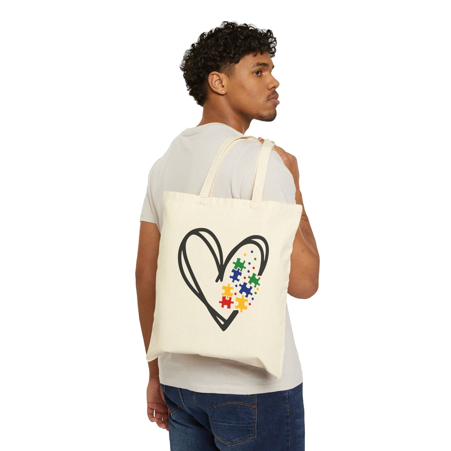 Autism Support, Heart Puzzle Love Cotton Canvas Tote Bag, Eco - Friendly Shopper, Gift for Puzzle Lovers, Cute Everyday Bag, Wedding Favor, Art Supplies Tote - Shirt Happens Graphics