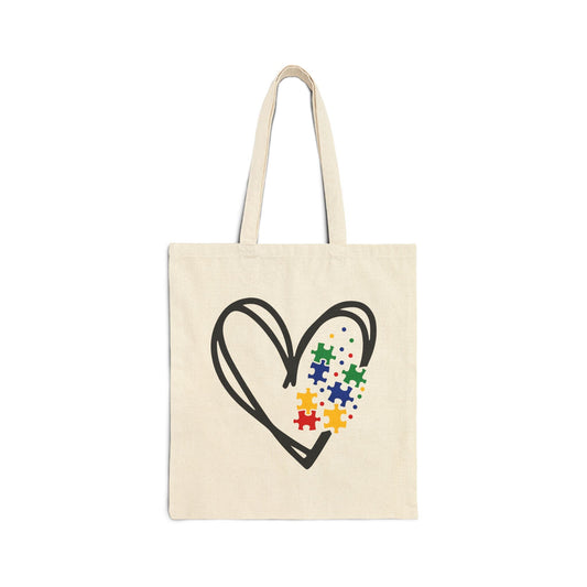 Autism Support, Heart Puzzle Love Cotton Canvas Tote Bag, Eco - Friendly Shopper, Gift for Puzzle Lovers, Cute Everyday Bag, Wedding Favor, Art Supplies Tote - Shirt Happens Graphics