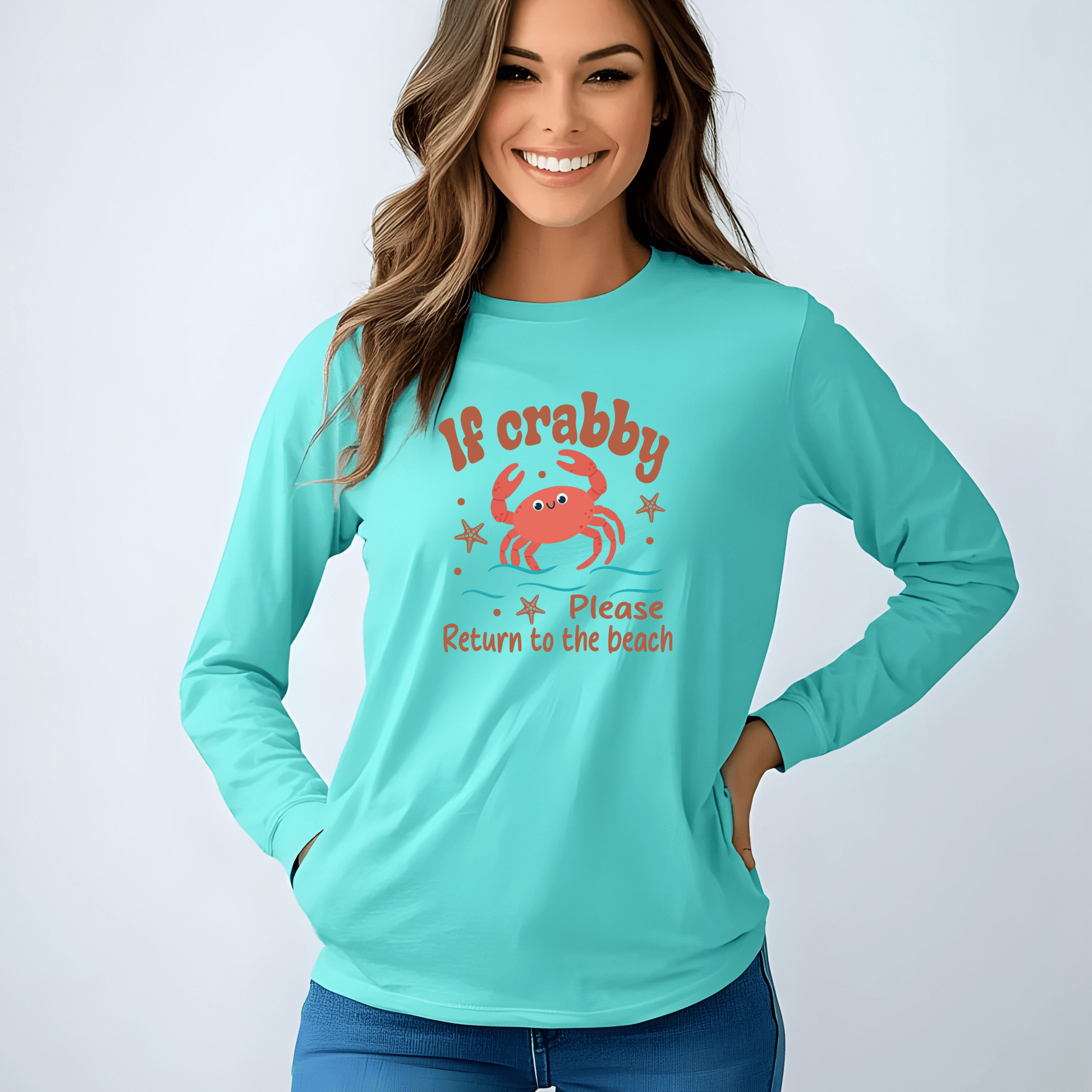 Beach Vibes Long Sleeve T-Shirt, If Crabby Please Return to the Beach Shirt, Summer Casual Wear, Gift for Beach Lovers, Coastal Humor Tee - Shirt Happens Graphics