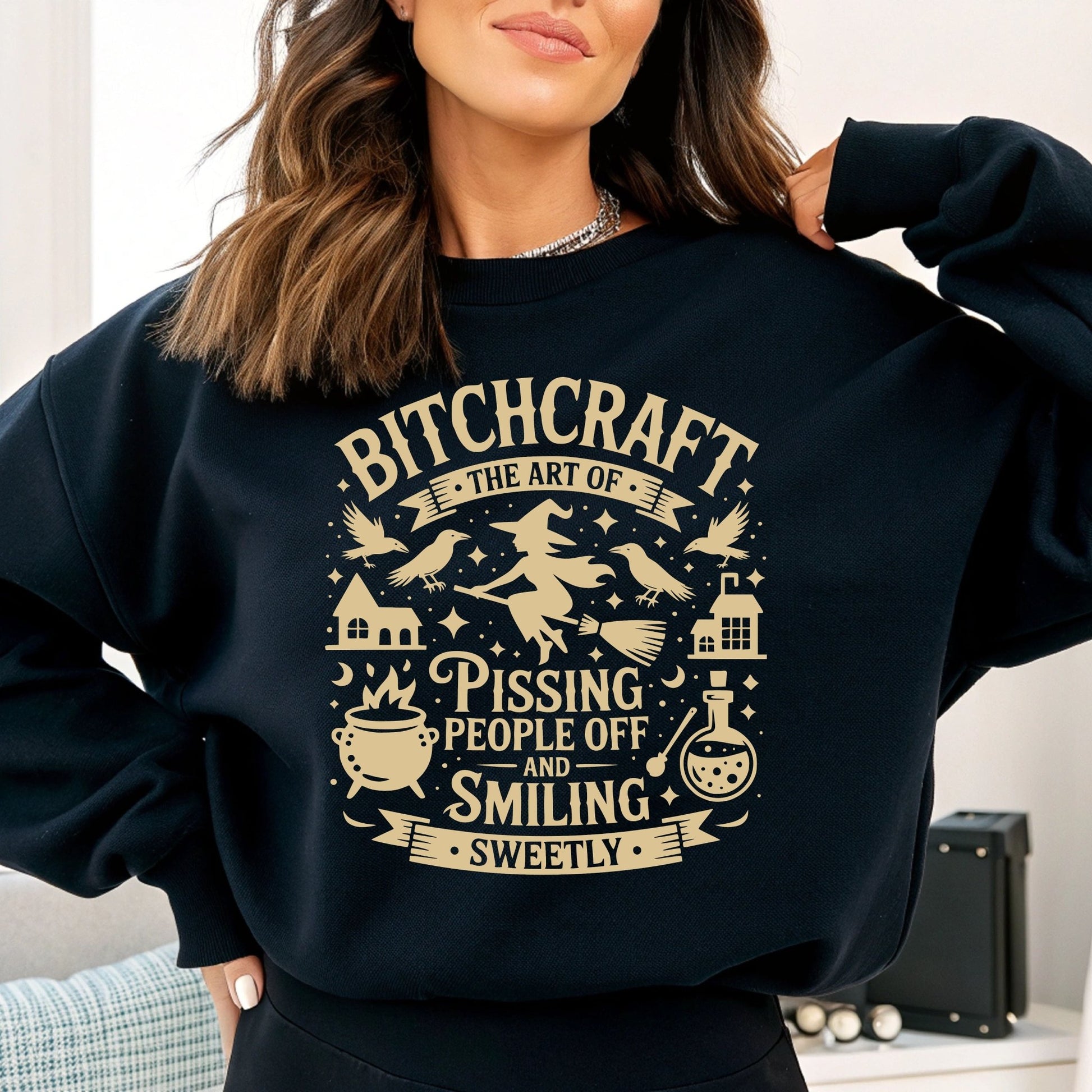 Bitchcraft Crewneck Sweatshirt, Cozy Witchy Apparel, Halloween Gift, Unisex Sweatshirt, Unique Gift for Her, Spooky Season Clothing - Shirt Happens Graphics