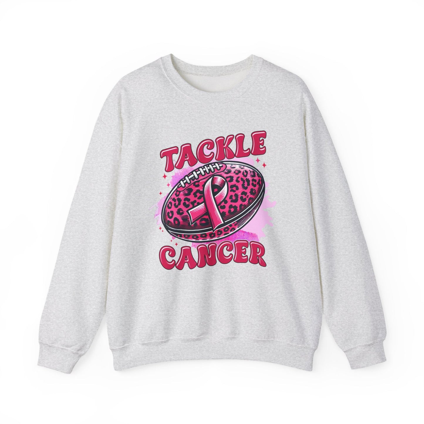 Breast Cancer Awareness Crewneck Sweatshirt | Tackle Cancer Apparel, Football Fan Wear, Pink Ribbon - Shirt Happens Graphics