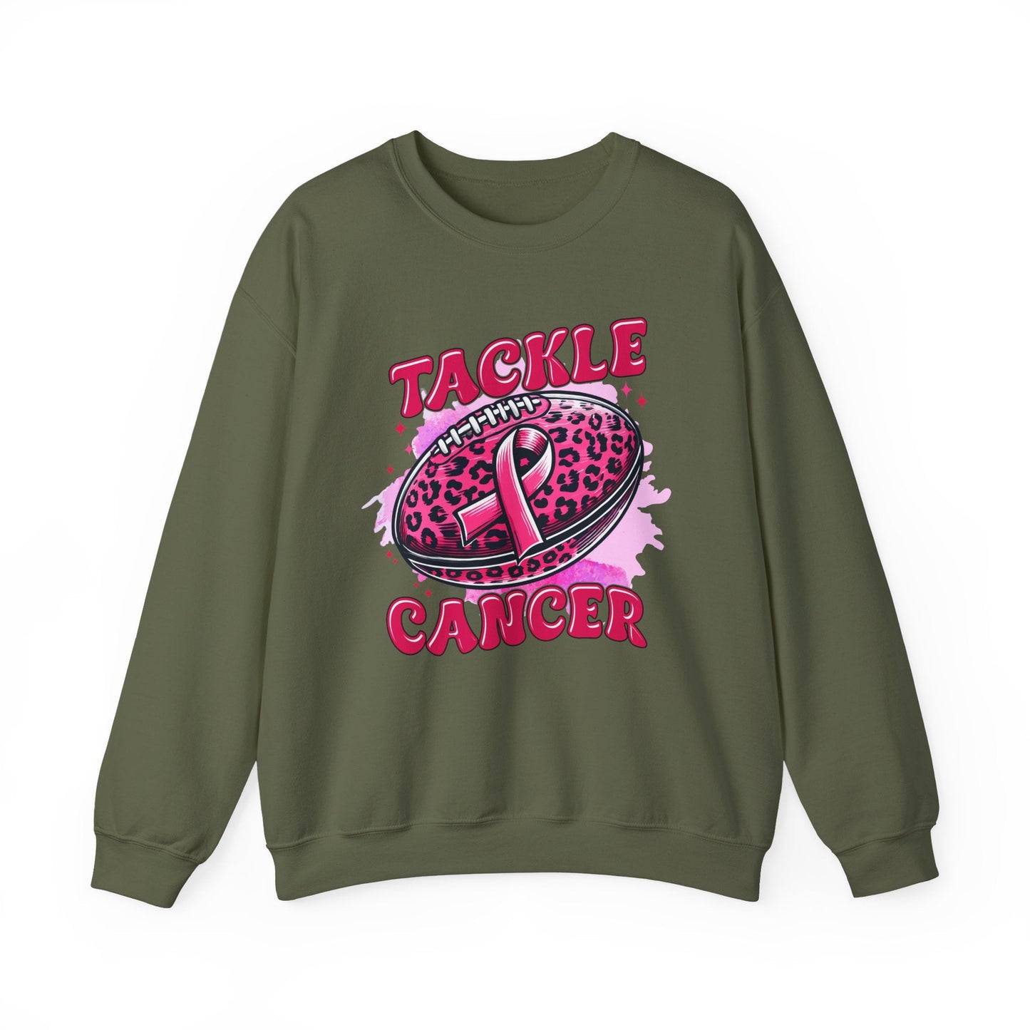 Breast Cancer Awareness Crewneck Sweatshirt | Tackle Cancer Apparel, Football Fan Wear, Pink Ribbon - Shirt Happens Graphics