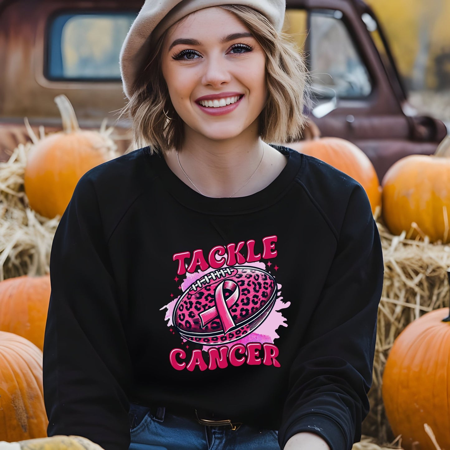 Breast Cancer Awareness Crewneck Sweatshirt | Tackle Cancer Apparel, Football Fan Wear, Pink Ribbon - Shirt Happens Graphics