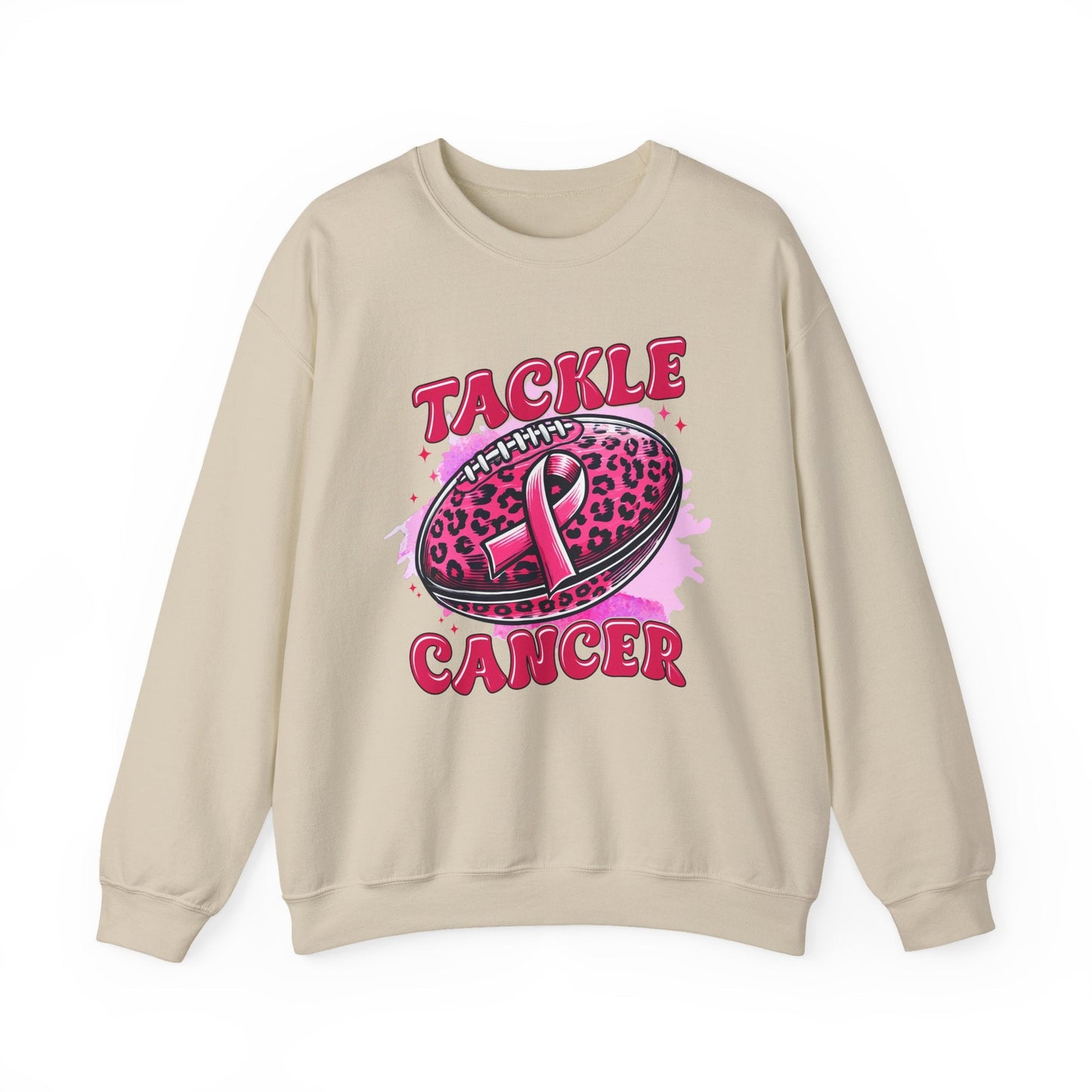 Breast Cancer Awareness Crewneck Sweatshirt | Tackle Cancer Apparel, Football Fan Wear, Pink Ribbon - Shirt Happens Graphics