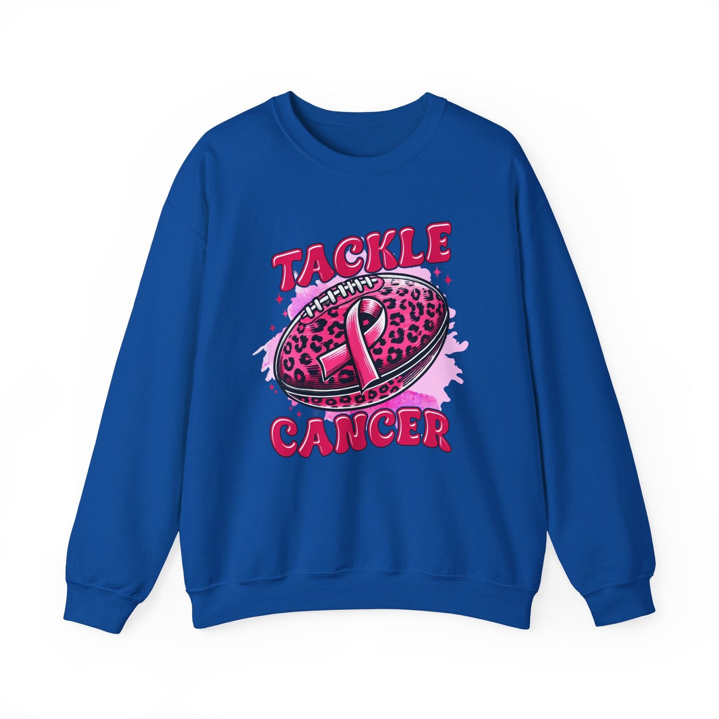 Breast Cancer Awareness Crewneck Sweatshirt | Tackle Cancer Apparel, Football Fan Wear, Pink Ribbon - Shirt Happens Graphics