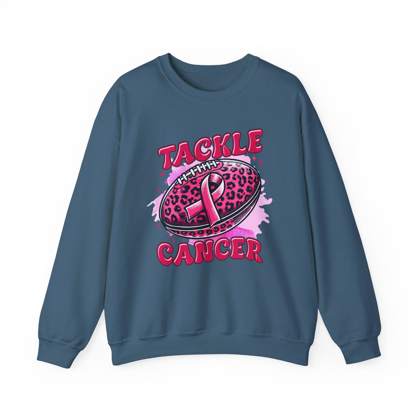Breast Cancer Awareness Crewneck Sweatshirt | Tackle Cancer Apparel, Football Fan Wear, Pink Ribbon - Shirt Happens Graphics