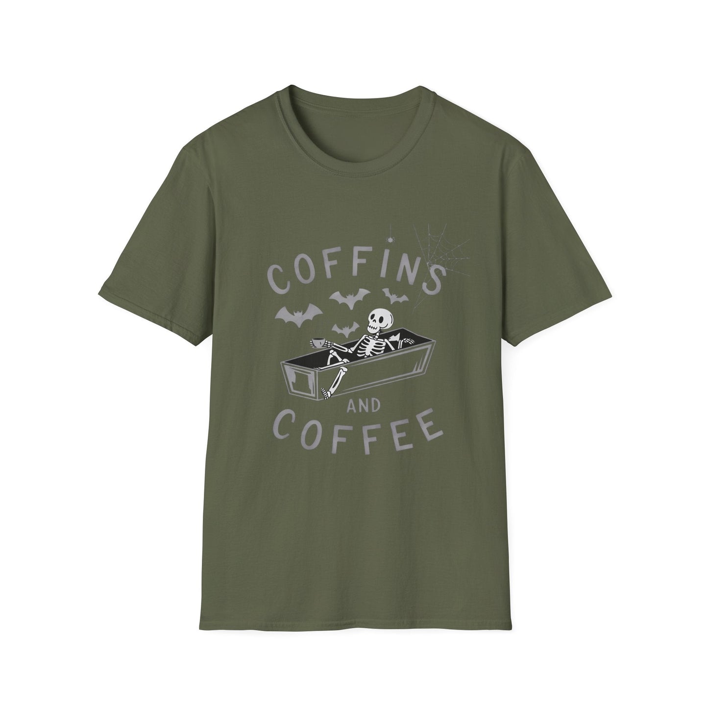 Coffins and Coffee T-Shirt, Unisex Halloween Tee, Spooky Softstyle Shirt, Gift for Coffee Lovers, Fun Casual Wear - Shirt Happens Graphics
