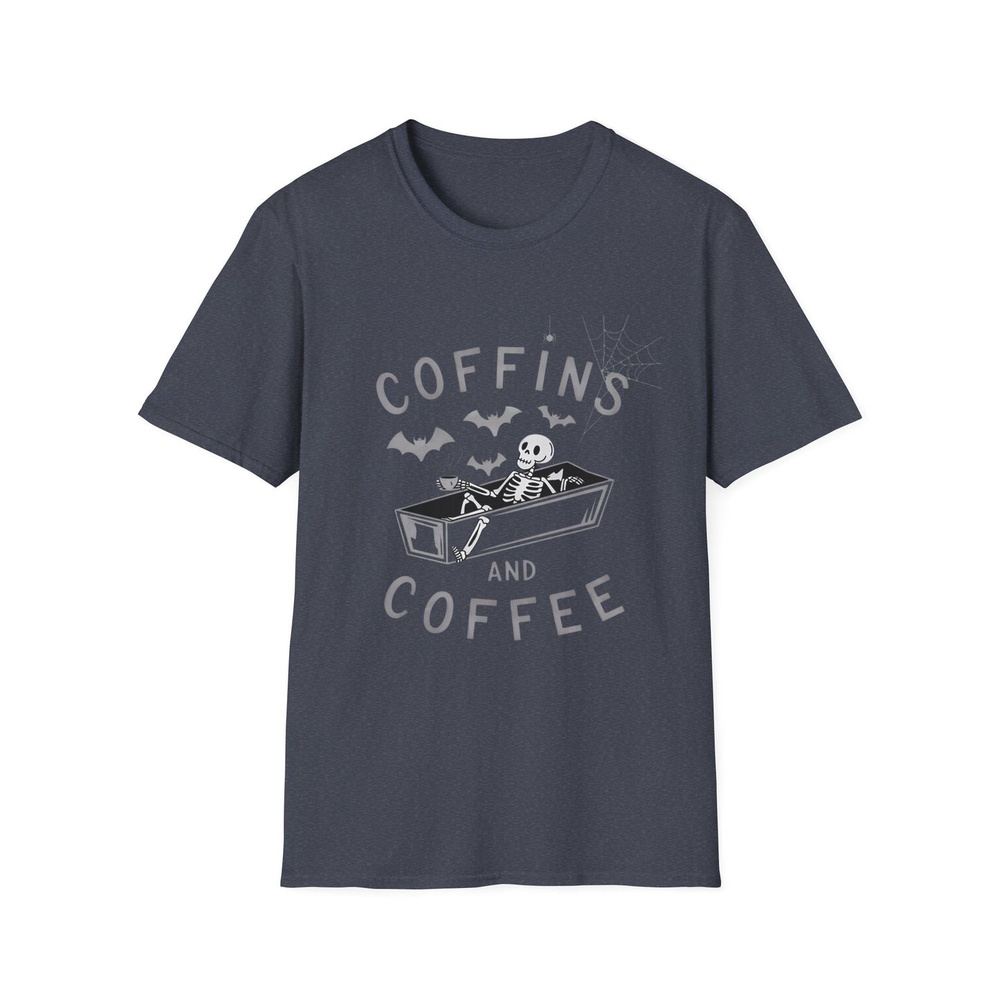 Coffins and Coffee T-Shirt, Unisex Halloween Tee, Spooky Softstyle Shirt, Gift for Coffee Lovers, Fun Casual Wear - Shirt Happens Graphics