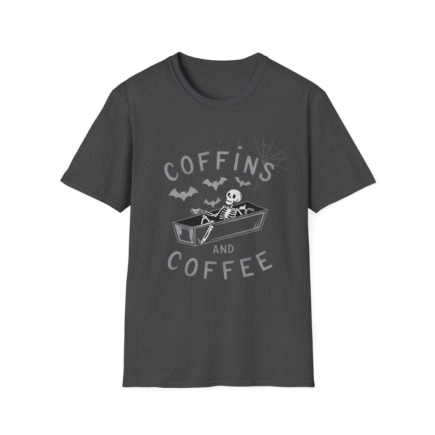 Coffins and Coffee T-Shirt, Unisex Halloween Tee, Spooky Softstyle Shirt, Gift for Coffee Lovers, Fun Casual Wear - Shirt Happens Graphics