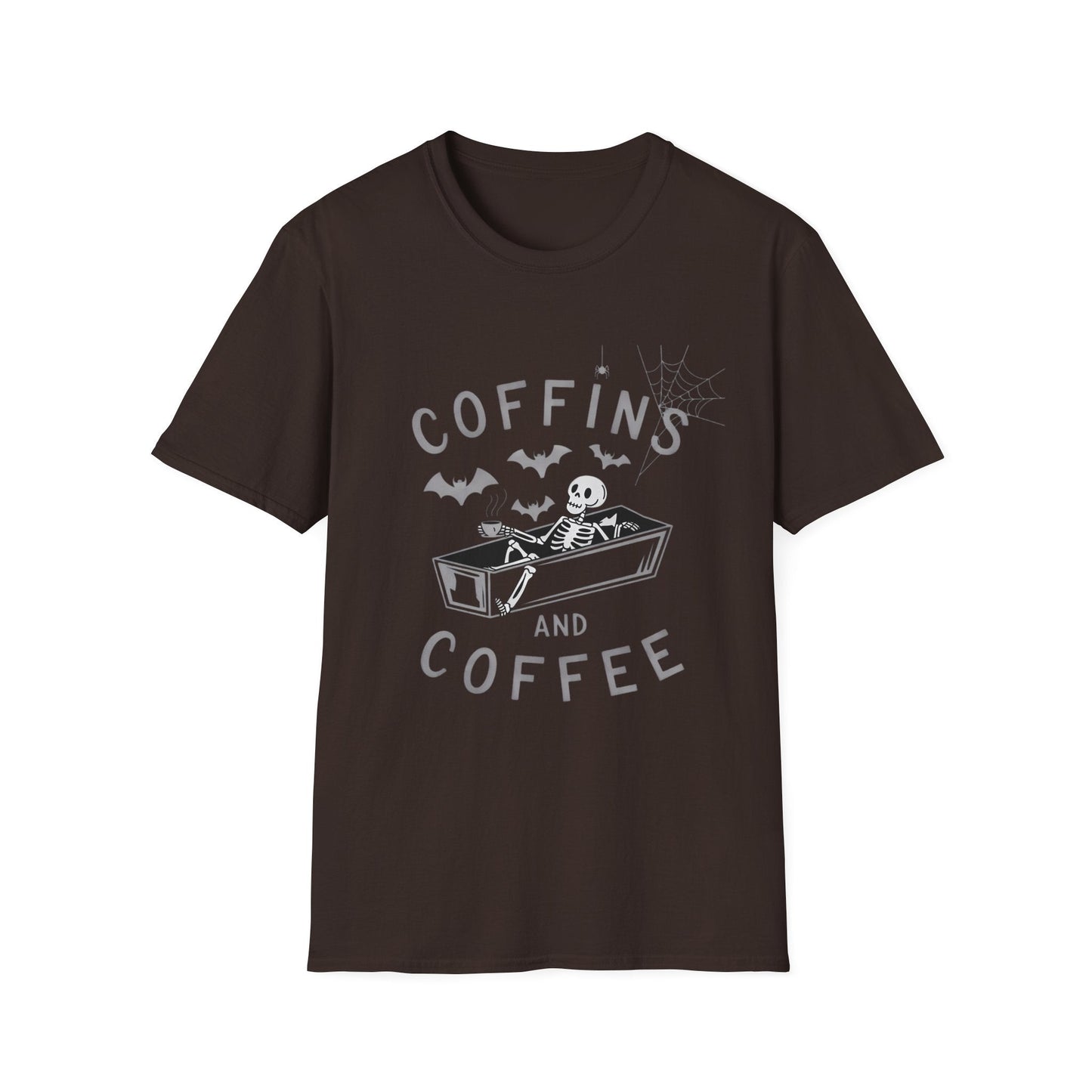 Coffins and Coffee T-Shirt, Unisex Halloween Tee, Spooky Softstyle Shirt, Gift for Coffee Lovers, Fun Casual Wear - Shirt Happens Graphics
