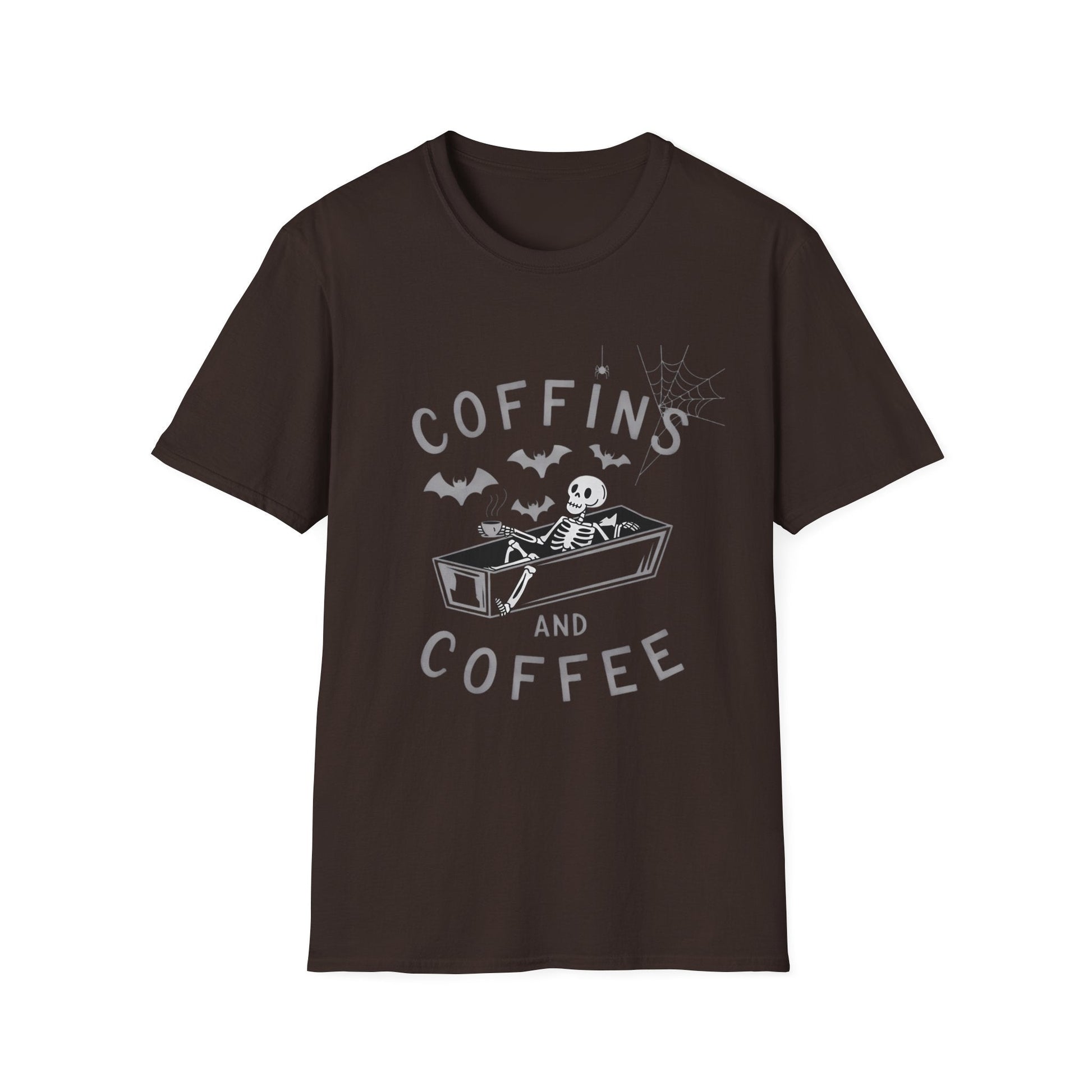 Coffins and Coffee T-Shirt, Unisex Halloween Tee, Spooky Softstyle Shirt, Gift for Coffee Lovers, Fun Casual Wear - Shirt Happens Graphics