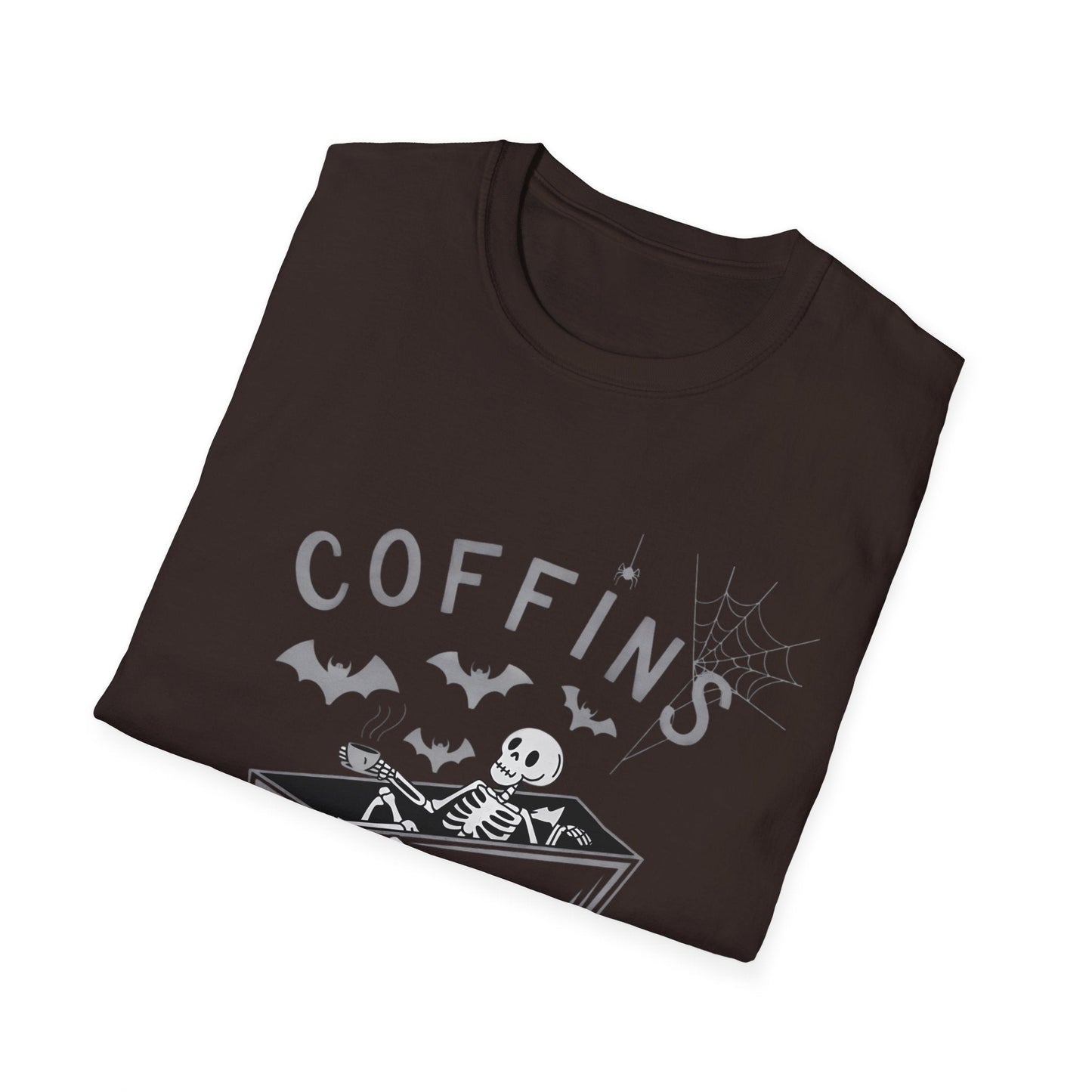 Coffins and Coffee T-Shirt, Unisex Halloween Tee, Spooky Softstyle Shirt, Gift for Coffee Lovers, Fun Casual Wear - Shirt Happens Graphics