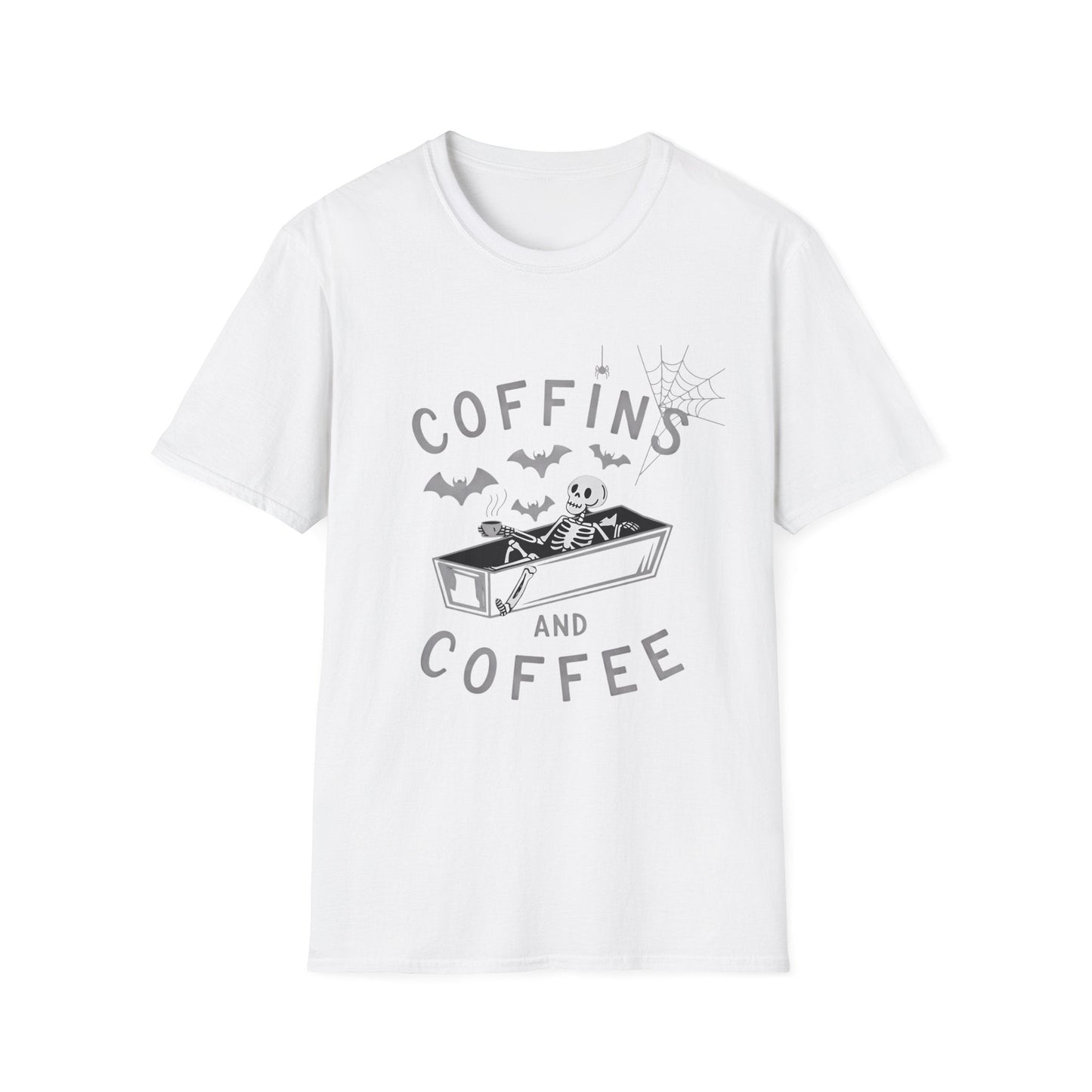 Coffins and Coffee T-Shirt, Unisex Halloween Tee, Spooky Softstyle Shirt, Gift for Coffee Lovers, Fun Casual Wear - Shirt Happens Graphics