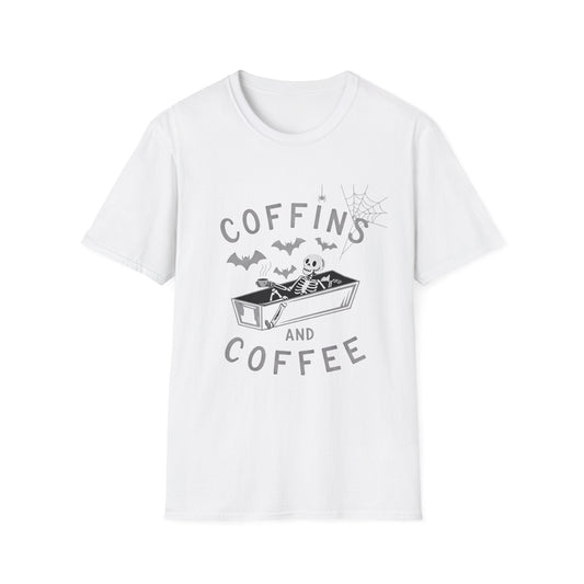 Coffins and Coffee T-Shirt, Unisex Halloween Tee, Spooky Softstyle Shirt, Gift for Coffee Lovers, Fun Casual Wear - Shirt Happens Graphics
