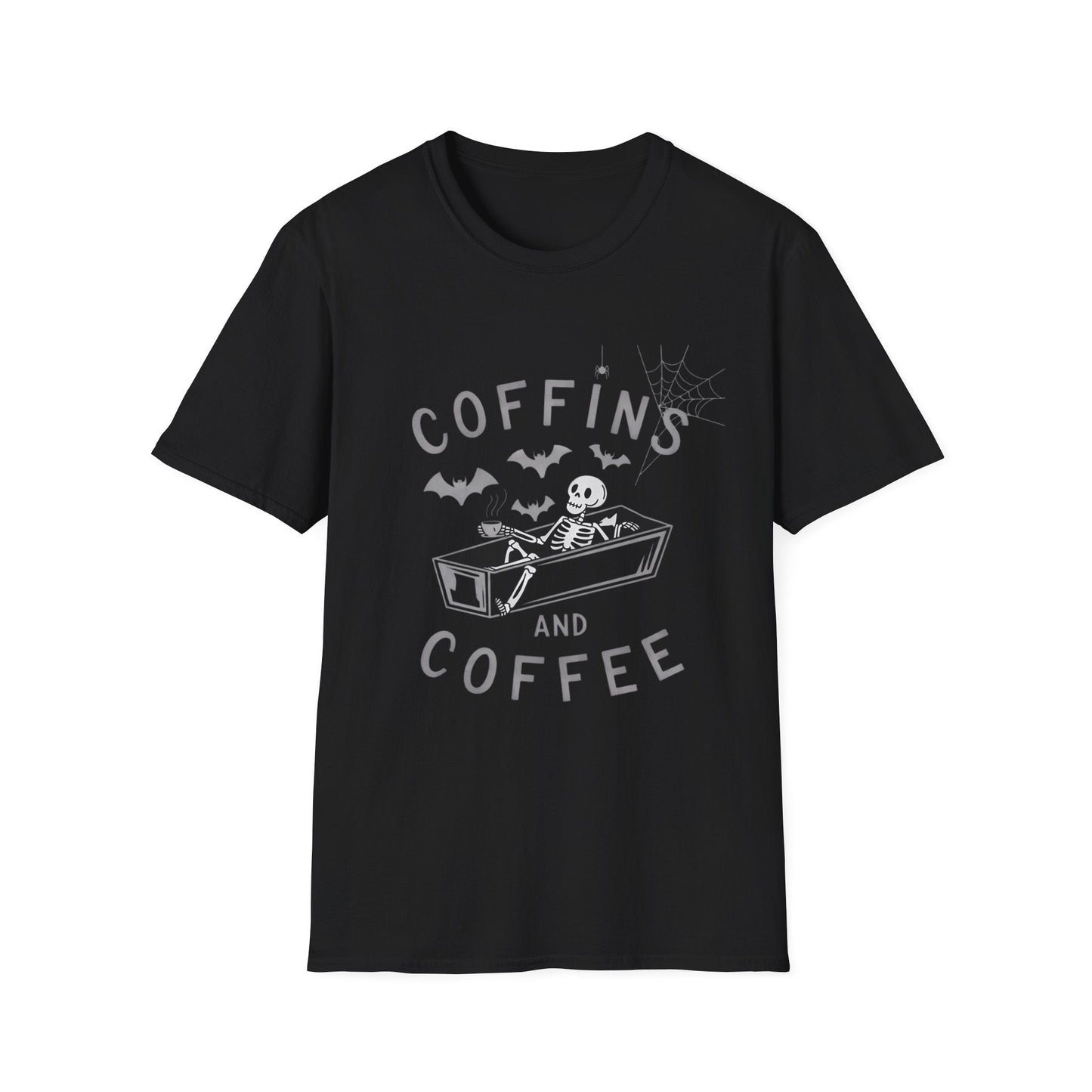 Coffins and Coffee T-Shirt, Unisex Halloween Tee, Spooky Softstyle Shirt, Gift for Coffee Lovers, Fun Casual Wear - Shirt Happens Graphics