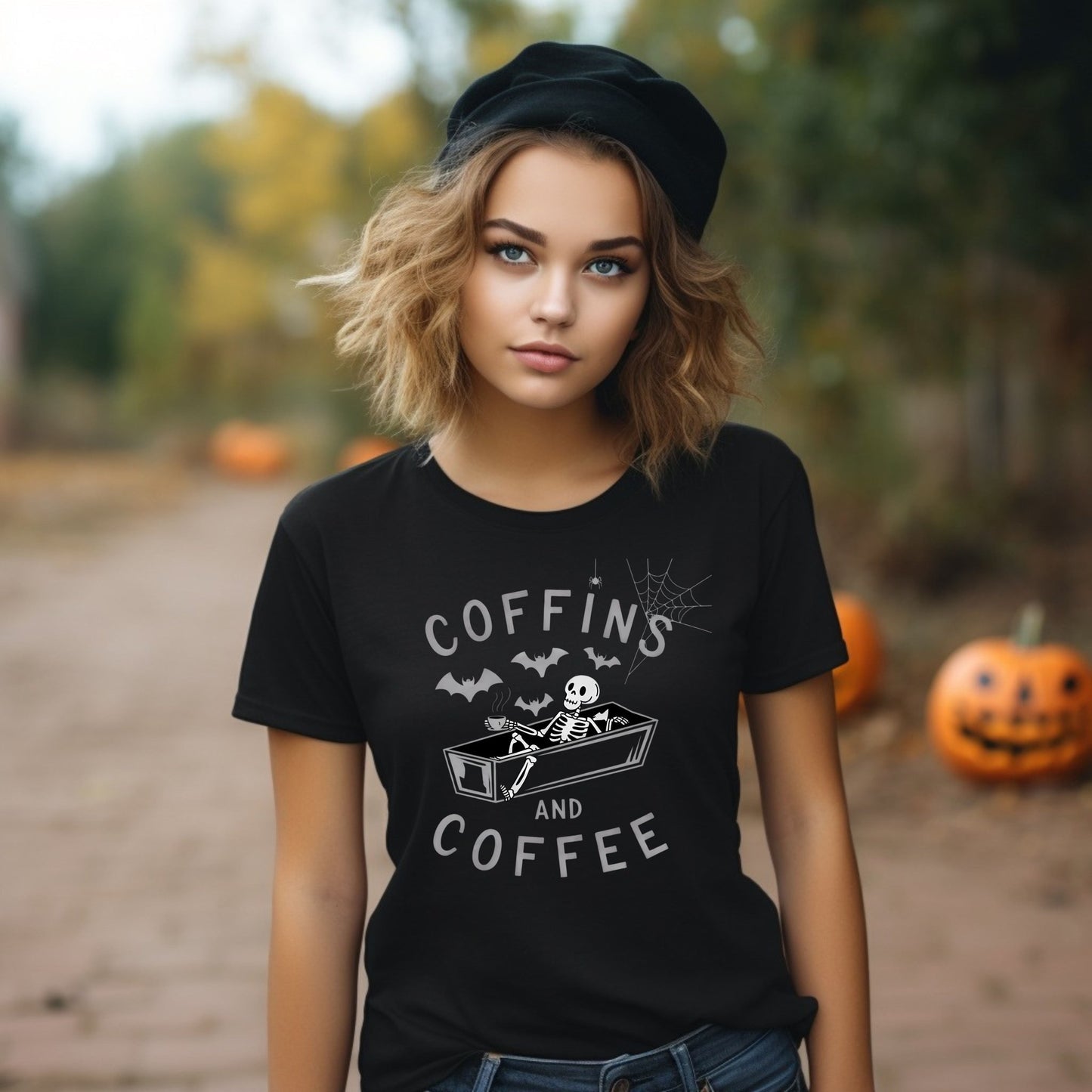 Coffins and Coffee T-Shirt, Unisex Halloween Tee, Spooky Softstyle Shirt, Gift for Coffee Lovers, Fun Casual Wear - Shirt Happens Graphics