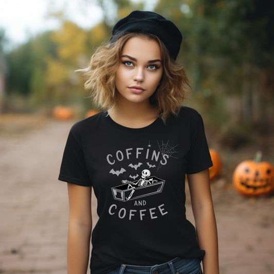 Coffins and Coffee T-Shirt, Unisex Halloween Tee, Spooky Softstyle Shirt, Gift for Coffee Lovers, Fun Casual Wear - Shirt Happens Graphics