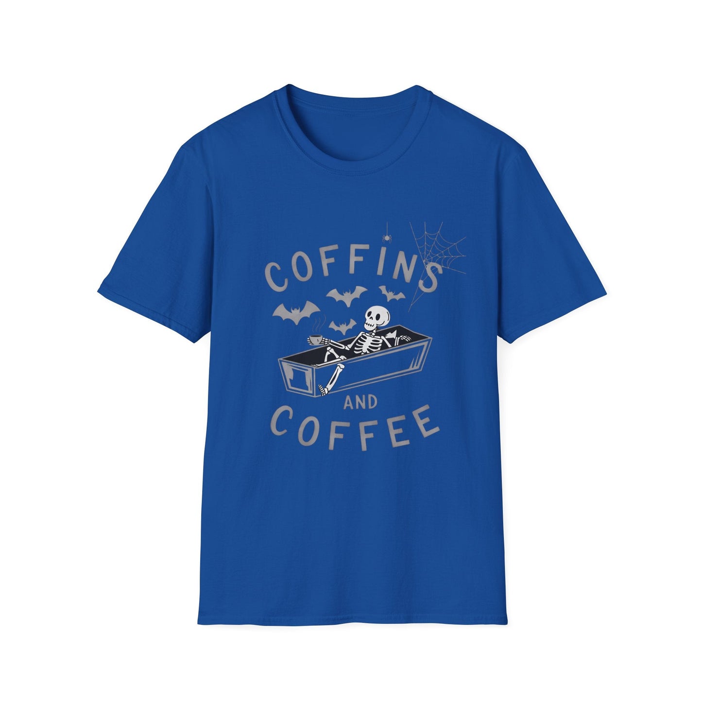 Coffins and Coffee T-Shirt, Unisex Halloween Tee, Spooky Softstyle Shirt, Gift for Coffee Lovers, Fun Casual Wear - Shirt Happens Graphics