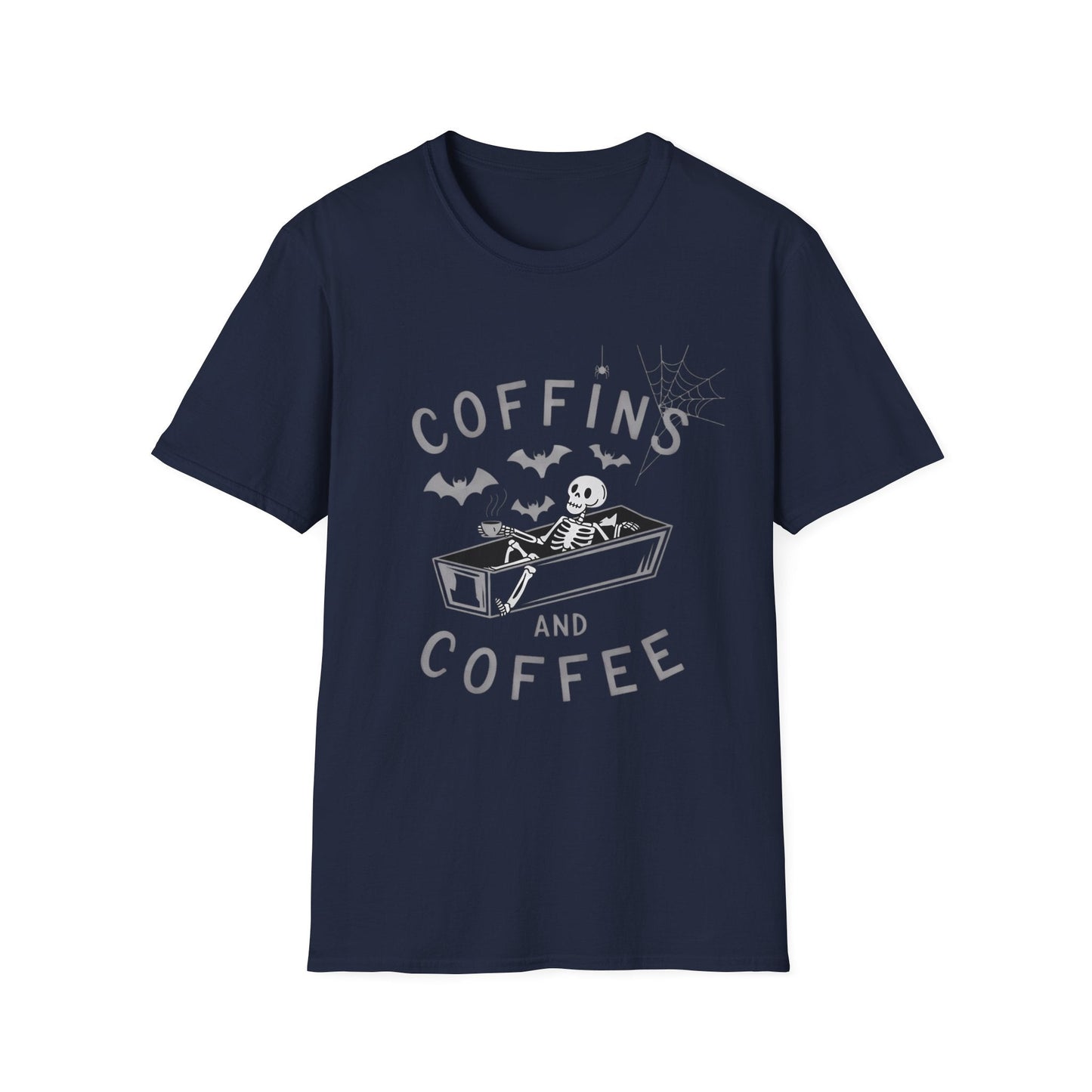 Coffins and Coffee T-Shirt, Unisex Halloween Tee, Spooky Softstyle Shirt, Gift for Coffee Lovers, Fun Casual Wear - Shirt Happens Graphics