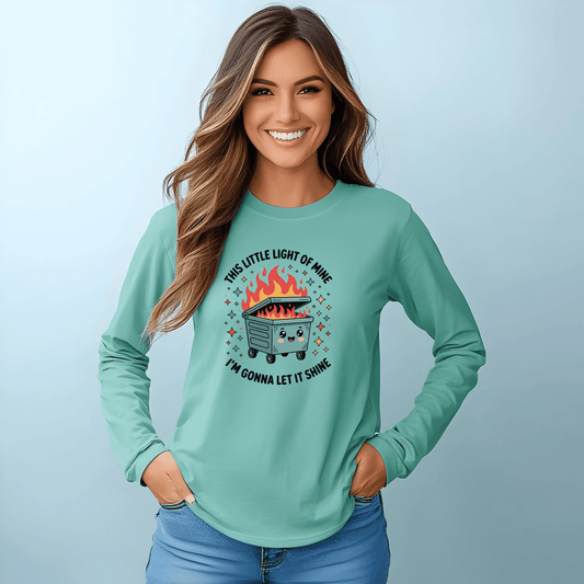 Cute Dumpster Fire Long Sleeve T-Shirt, Graphic Tee for Fun, Quirky Gift, Casual Outfit, Perfect for Summer, Lighthearted Apparel - Shirt Happens Graphics
