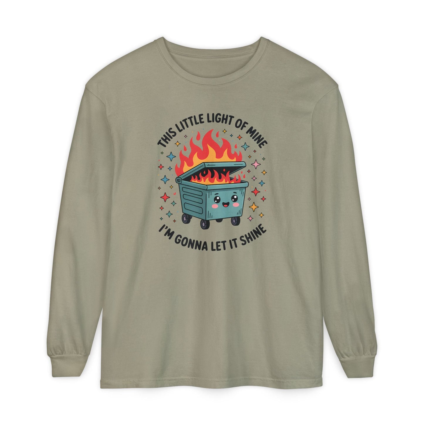 Cute Dumpster Fire Long Sleeve T-Shirt, Graphic Tee for Fun, Quirky Gift, Casual Outfit, Perfect for Summer, Lighthearted Apparel - Shirt Happens Graphics